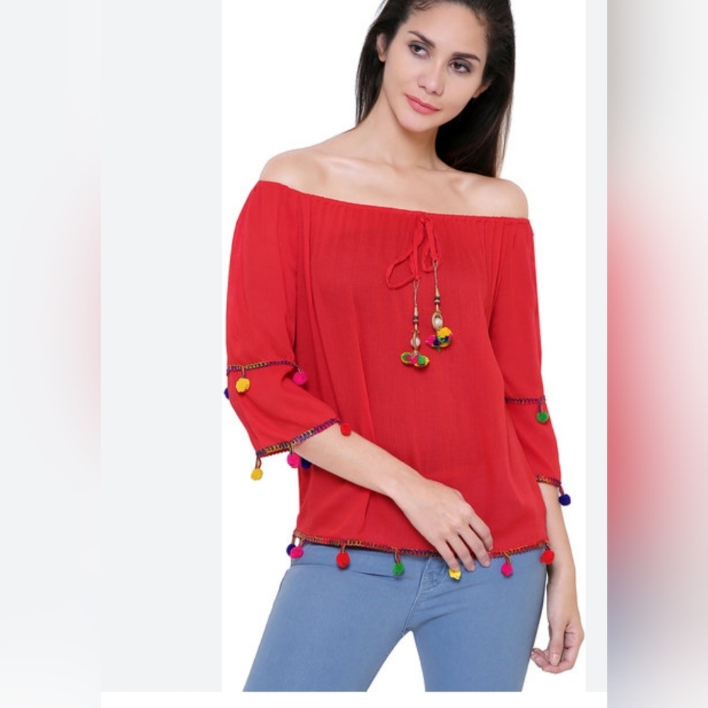 Red size xl cotton blend pom pom accented top in good preowned condition